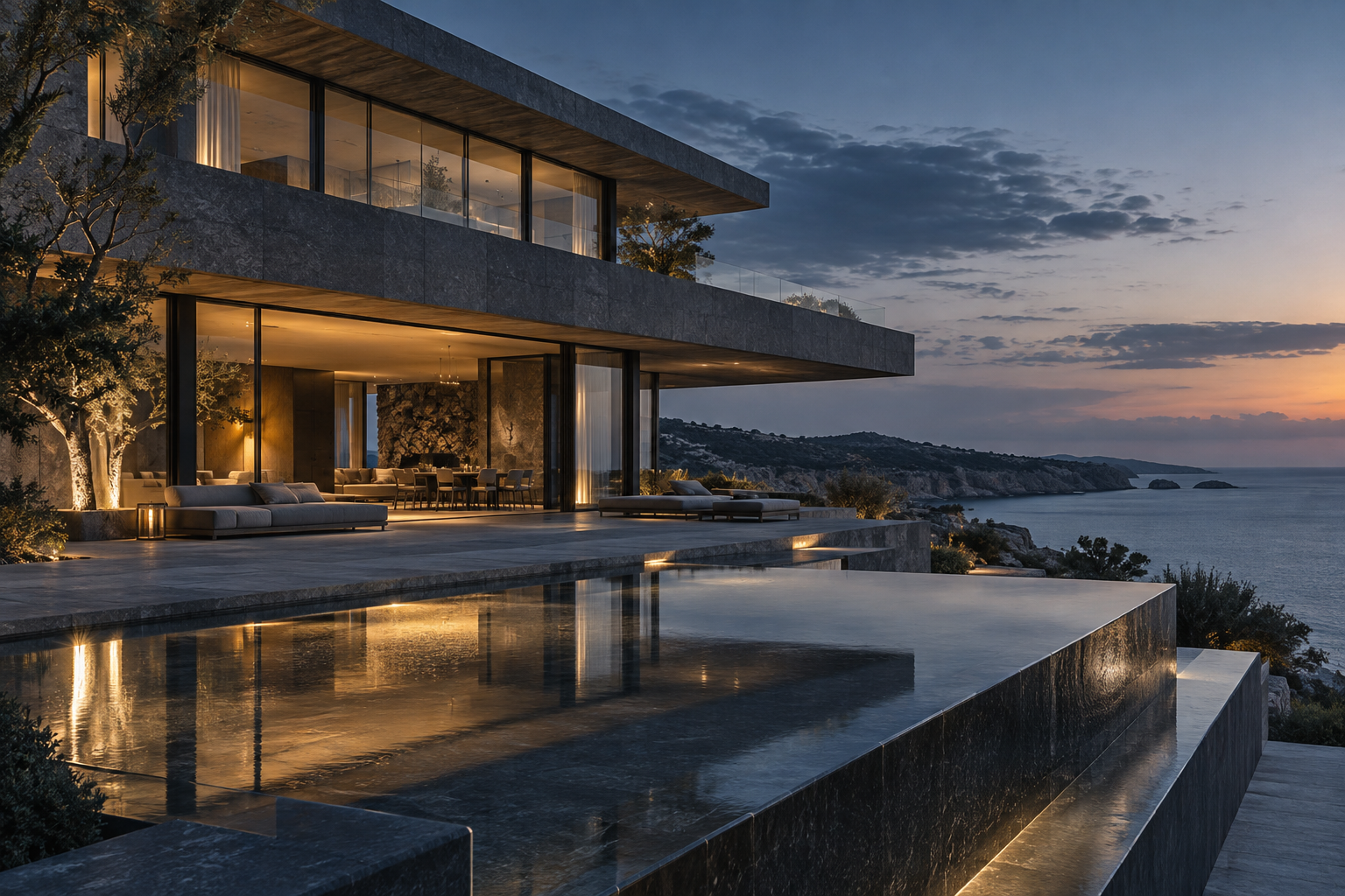 Concept visualization of stone terraces, warm glazing and reflecting water